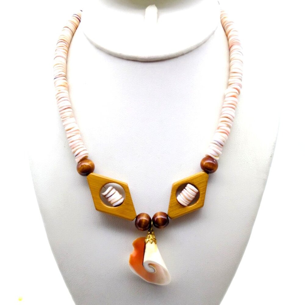 Retro Seashell Heishi Choker with Blushing Pendant and Wood Beads, Vintage Beach